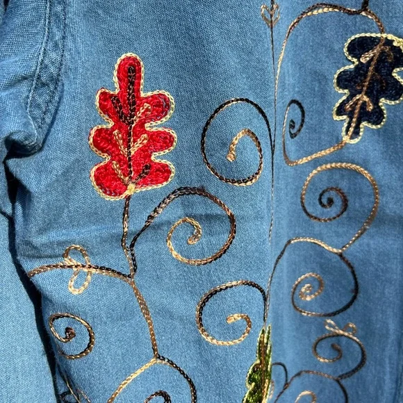 90s Adrian Delafield Embroidered Denim Button-Up Shirt Blouse Leaves Fall Fairy - Picture 3 of 14